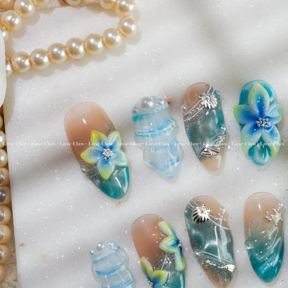 Tropical Glass Lagoon press on nails