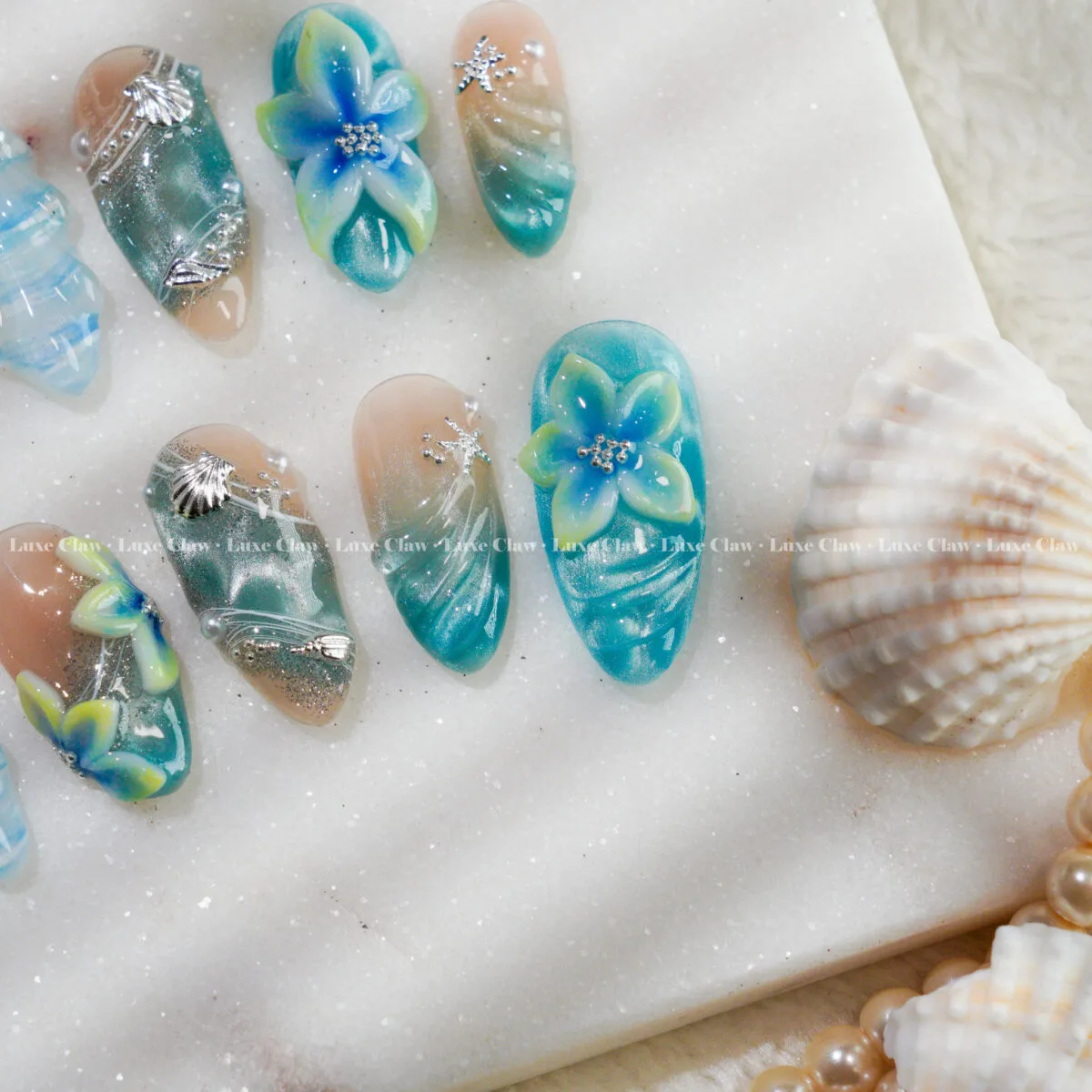 Tropical Glass Lagoon press on nails