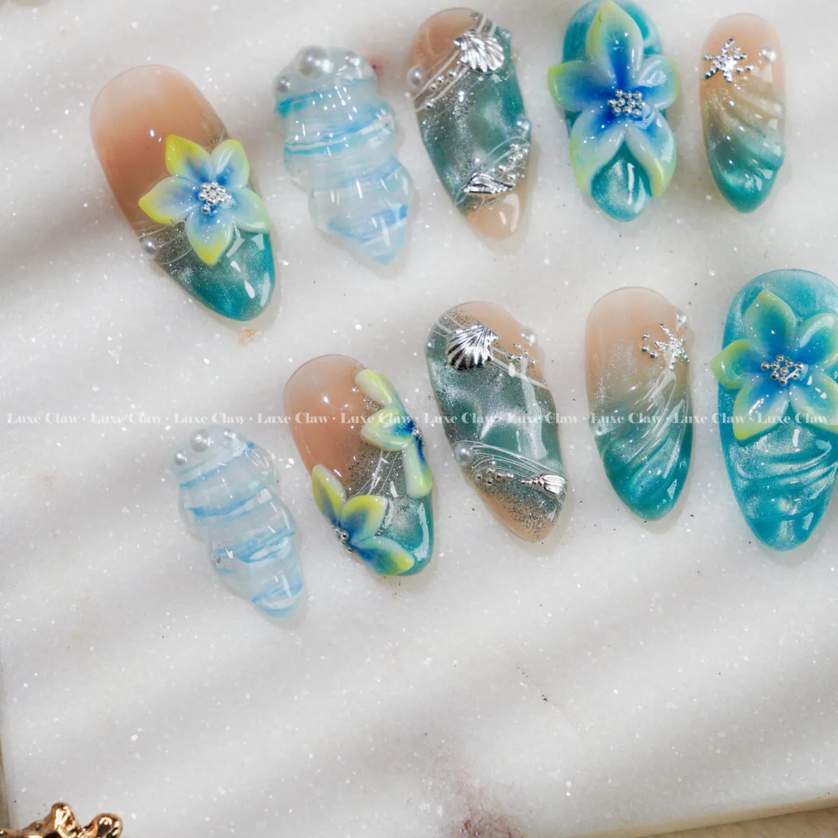 Tropical Glass Lagoon press on nails