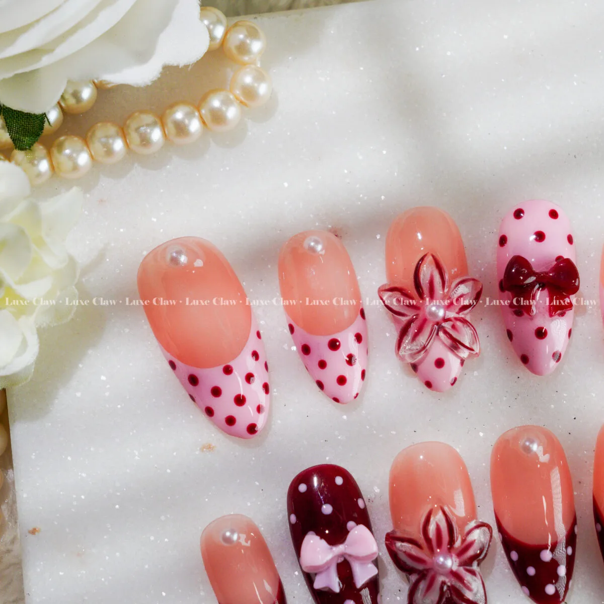Cherry Polka Bloom press on nails