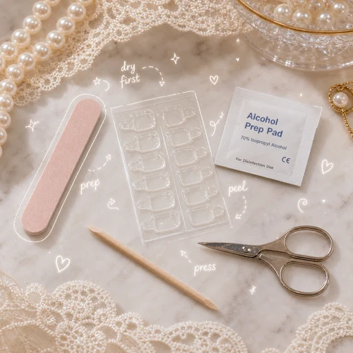 Adhesive nail tabs with prep tools on a soft pearl flat lay