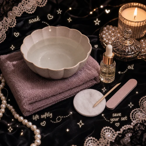 Warm water, cuticle oil, and soft tools for gentle adhesive tab nail removal