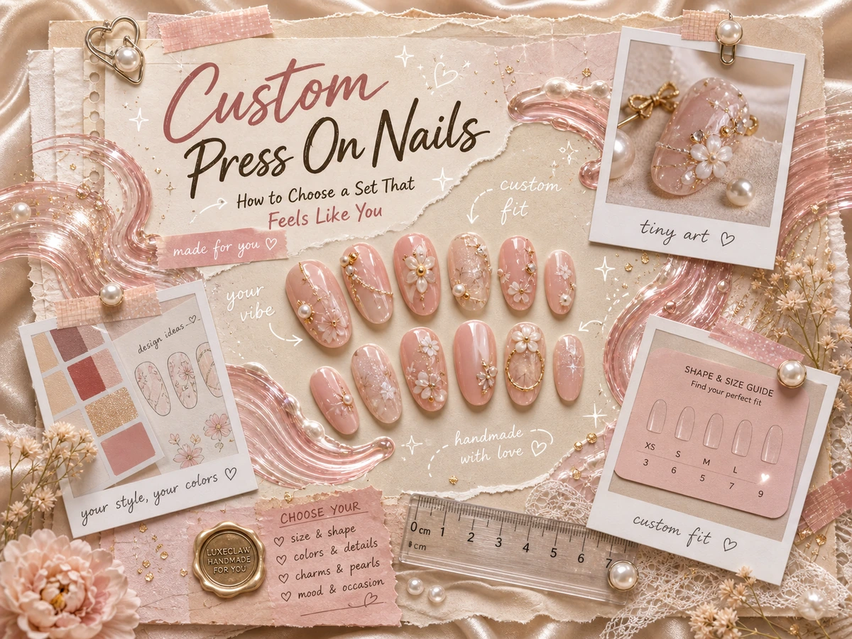 Custom press on nails scrapbook cover with blush nail set and design notes