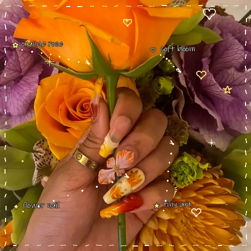 Custom press on nails with orange flowers and hand-drawn doodle notes