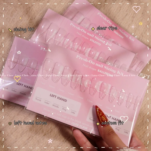 Press-on nail sizing kit with clear tips and hand-drawn notes