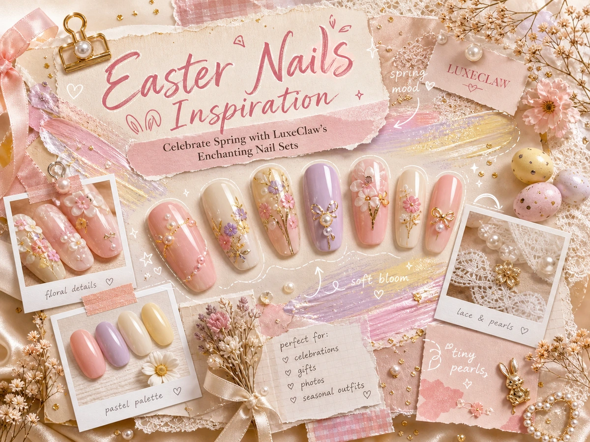 Easter nails inspiration scrapbook cover with pastel spring press-on nail set