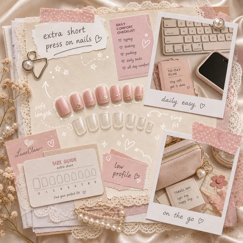 Extra short press on nails daily task flatlay with phone keyboard and pouch