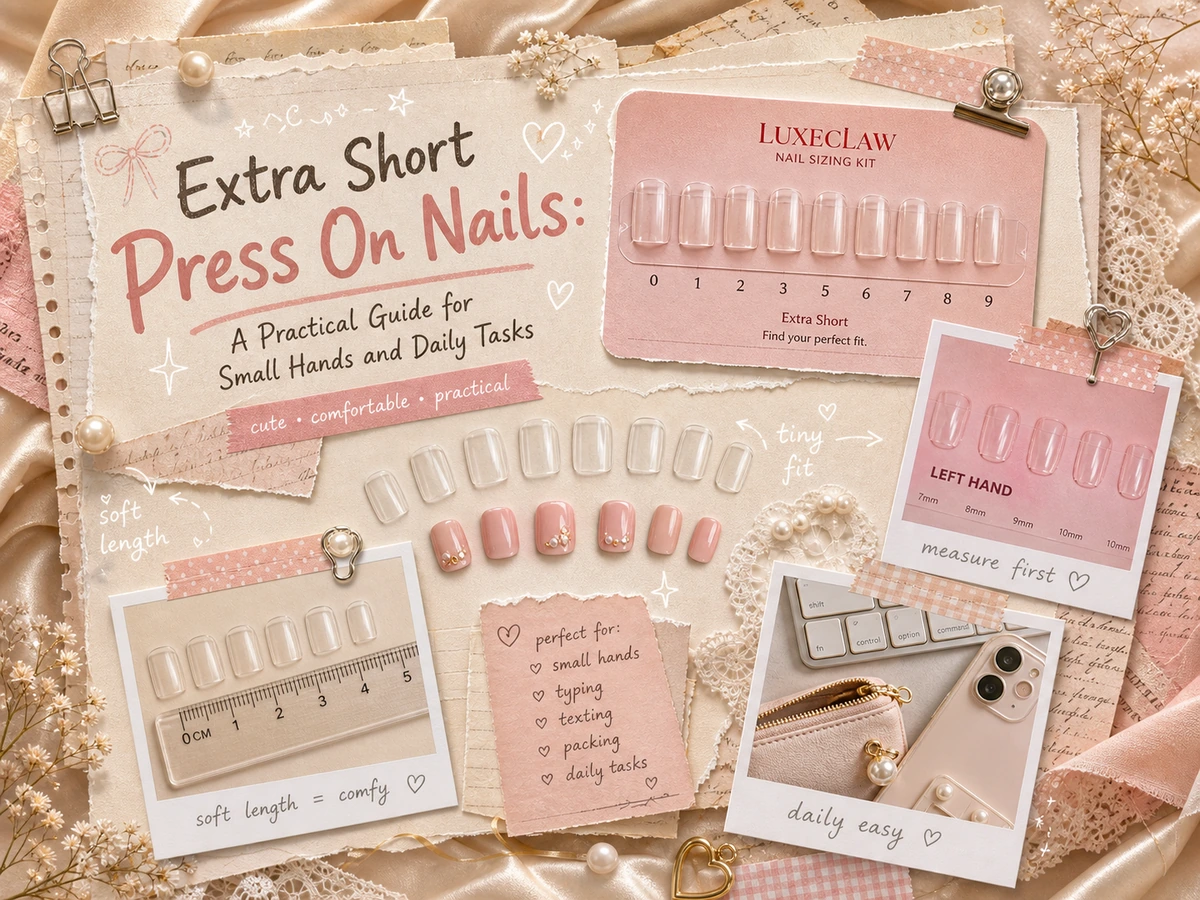 Extra short press on nails sizing kit and daily task scrapbook illustration