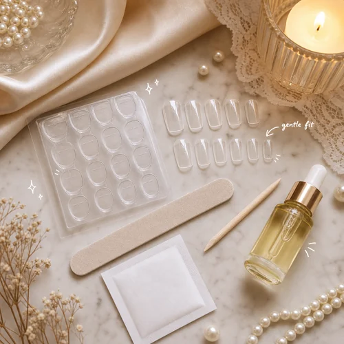 Gentle press-on nail fit tools with adhesive tabs and blank sizing tips