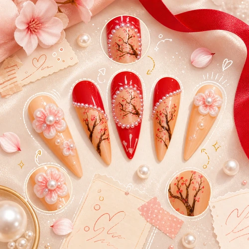 Handmade press on nails detail photo with pearl arcs 3D flowers and painted branches