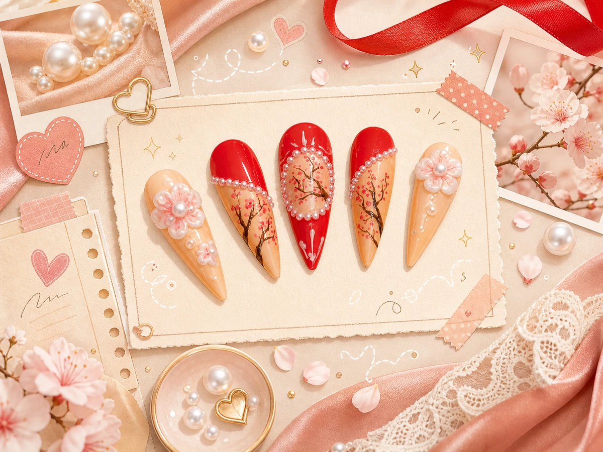 Handmade press on nails new style product scrapbook with Red Peach Blossom Bliss floral nail art