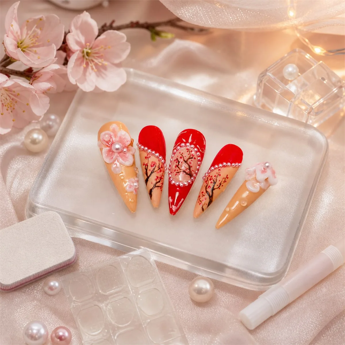Editorial care-kit inspiration with press-on nails, adhesive tabs, a buffer, and glue