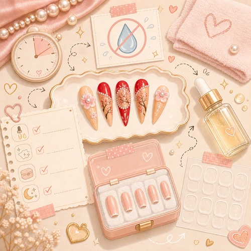 Press-on nail daily care cute cartoon with timer adhesive tabs oil and storage note