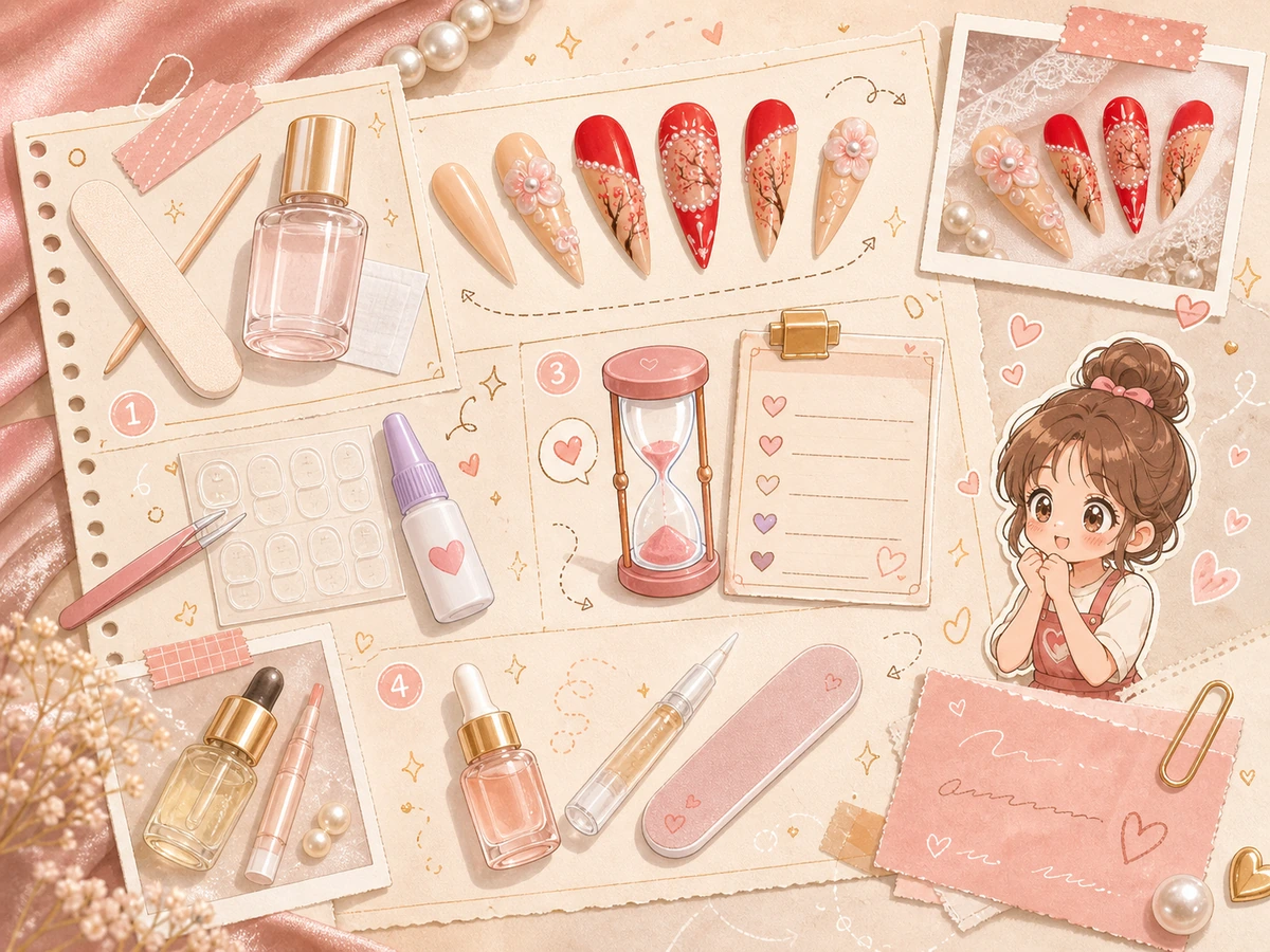 How to make press on nails last longer cute cartoon checklist with prep notes nail tips timer and oil