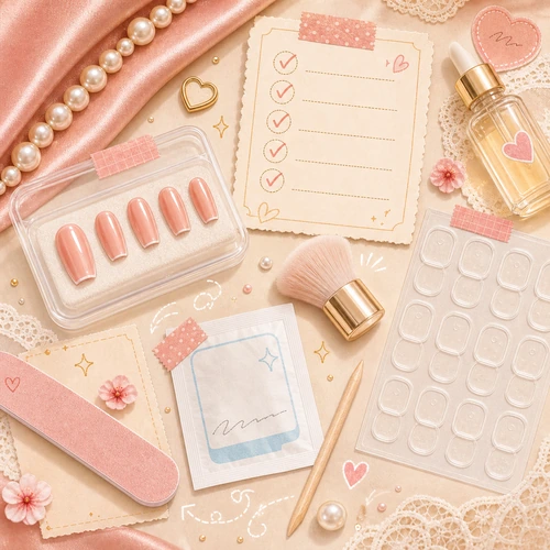 Press-on nail prep cute cartoon checklist with dry nails right size and light buff