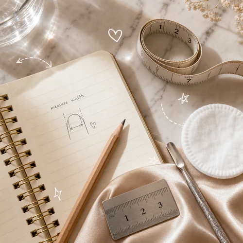 Notebook and measuring tools for choosing small press-on nail sizes