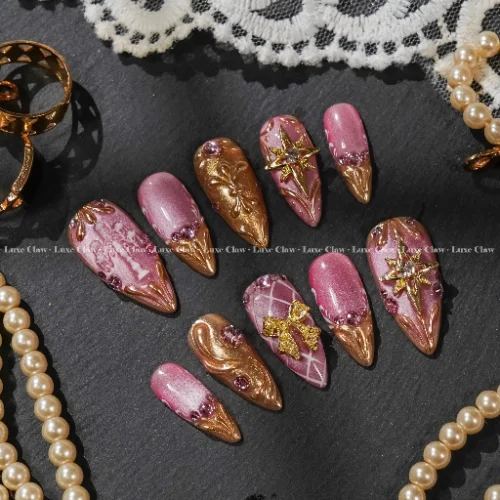pink press on nails with LuxeClaw royal bow and gem details