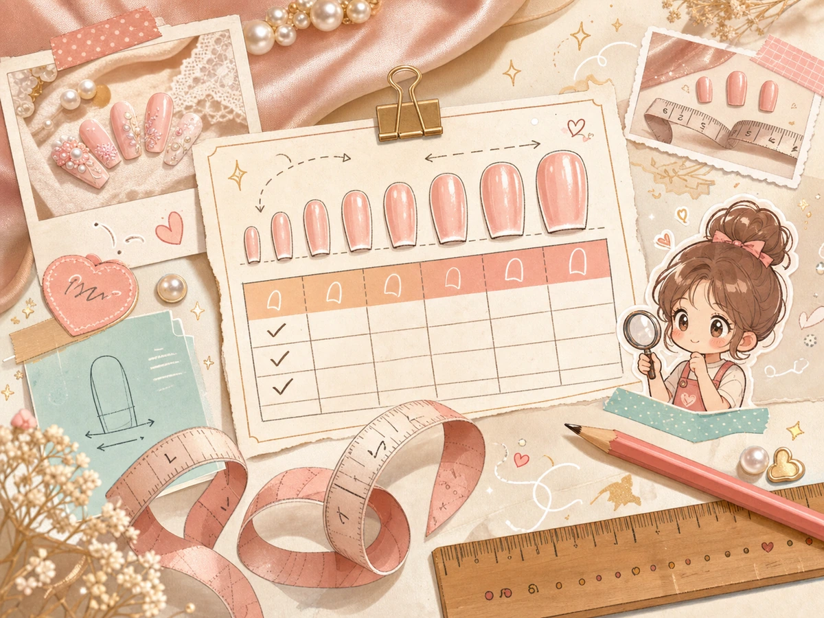 Press on nail size chart cute cartoon scrapbook guide with ruler sizing notes and nail tips