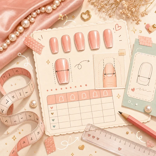 Press-on nail measuring cartoon illustration with loose tips ruler and no gaps note