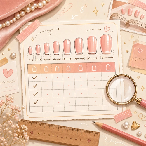 Press-on nail size notes cartoon card with millimeter ruler and chart first label