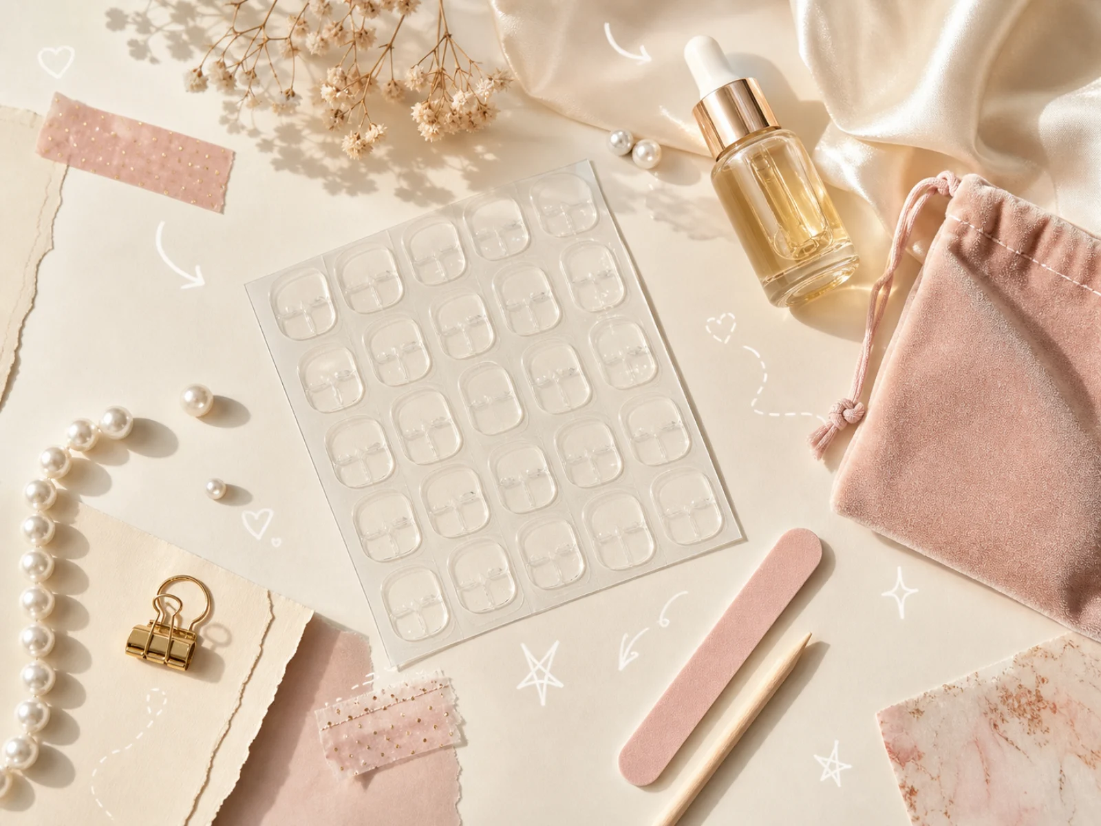 Press on nails no glue flatlay with adhesive tabs oil file and storage pouch