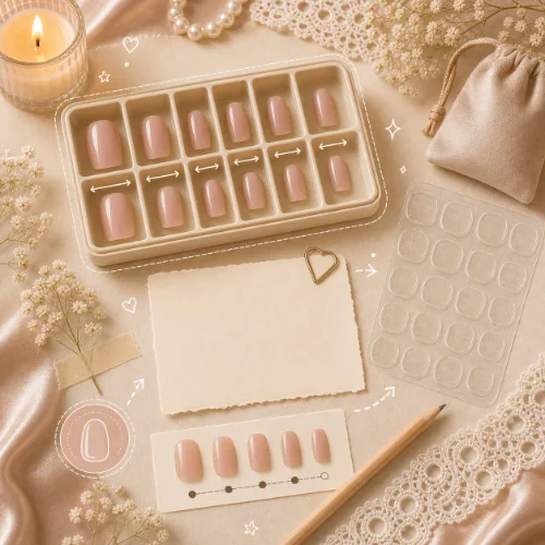 Custom sizing flatlay with sorted press-on tips adhesive tabs and blank size card