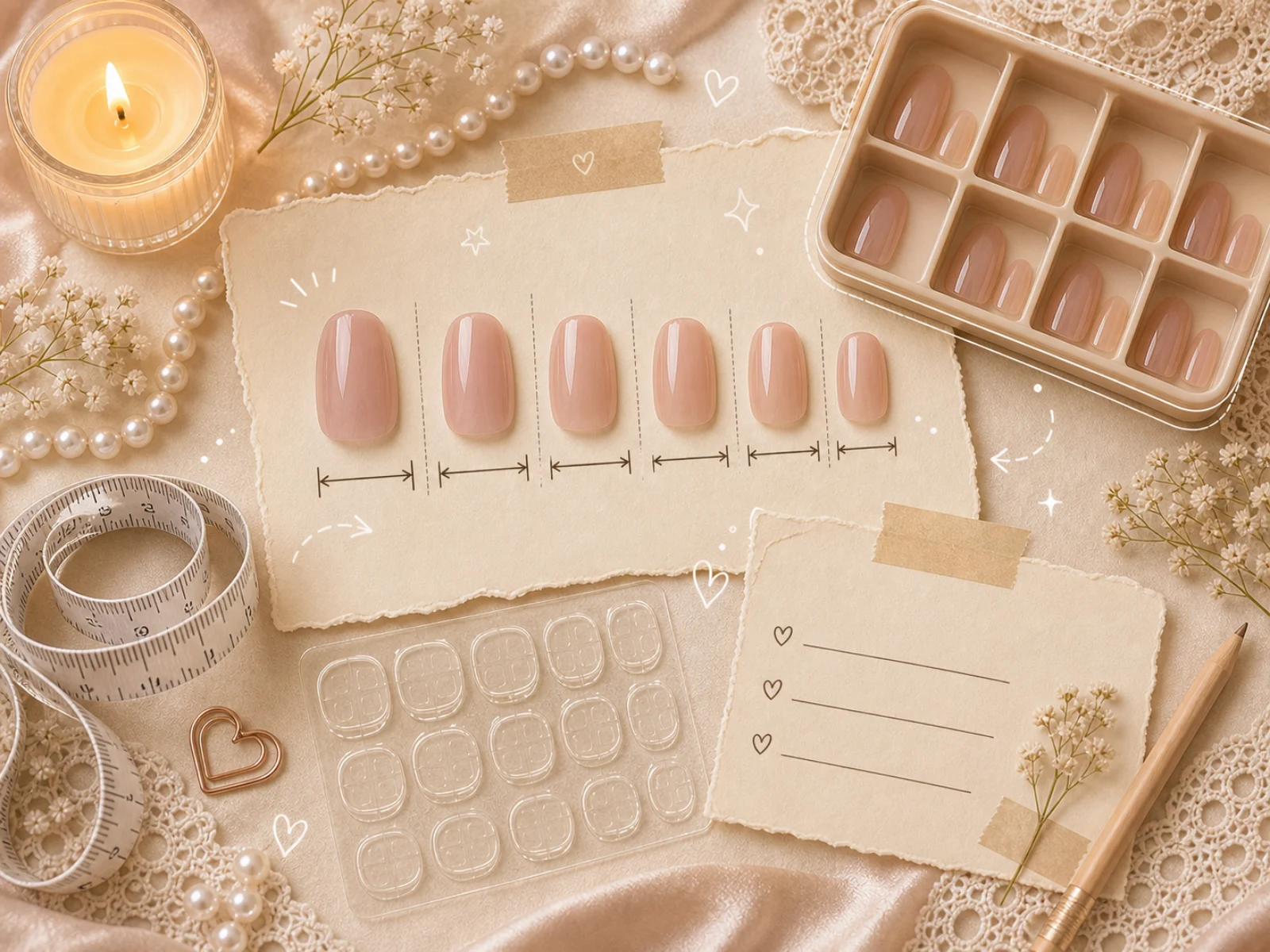 Press on nails for wide nail beds sizing flatlay with measuring tape and blank nail tips