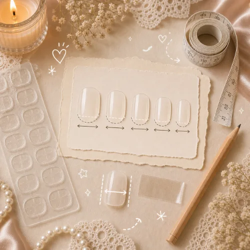 No-hand measuring setup with sizing card tape and blank press-on nail tips