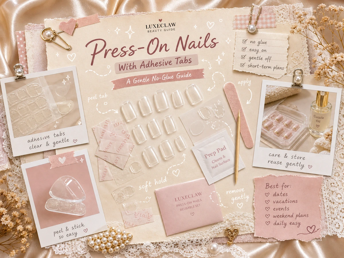 Press on nails with adhesive tabs flatlay guide with clear tips and tab sheets