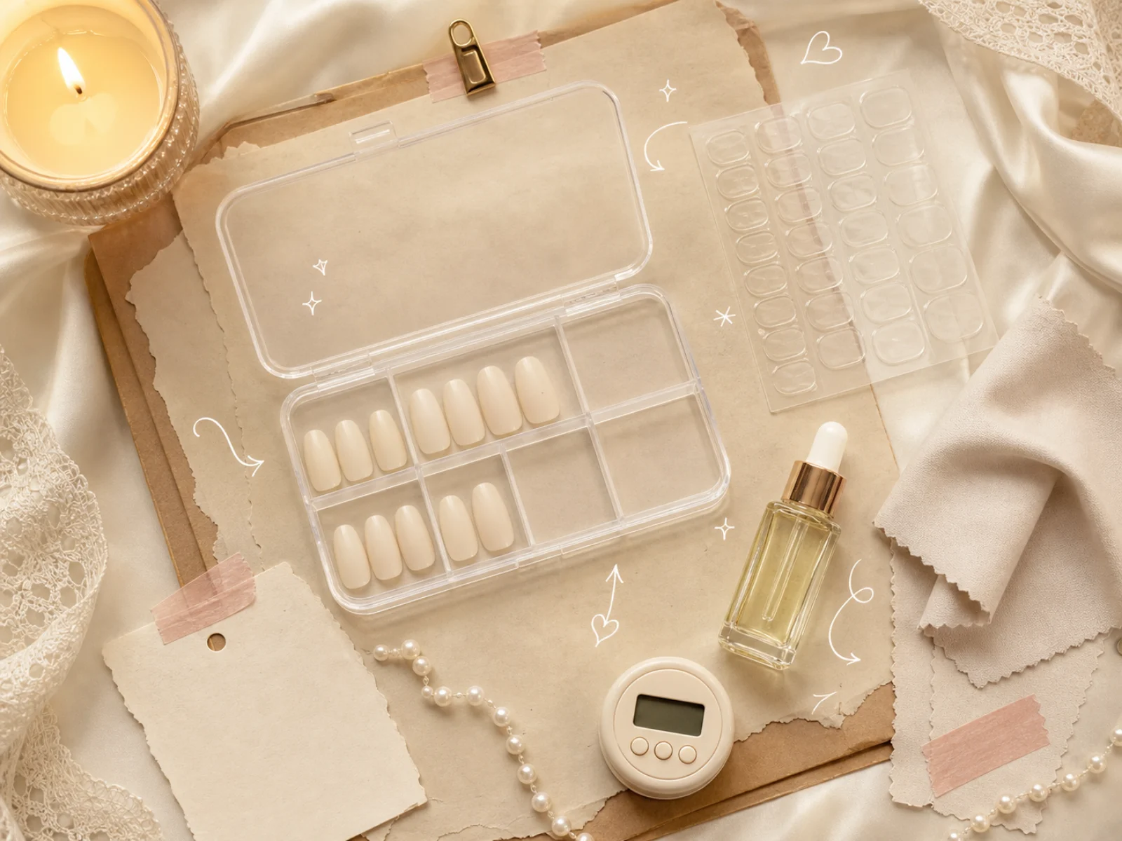 Reusable press on nails flatlay with storage case adhesive tabs oil and soft cloth