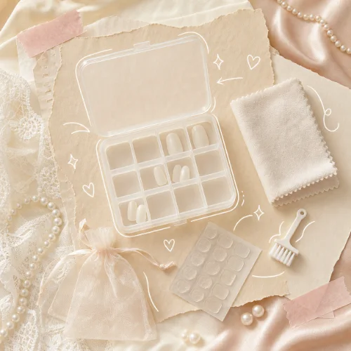 Press-on nail storage flatlay with organizer cloth brush and adhesive tabs