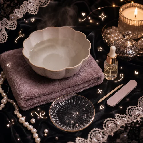 Gentle press-on nail removal setup with warm water, towel, cuticle oil, and nail buffer