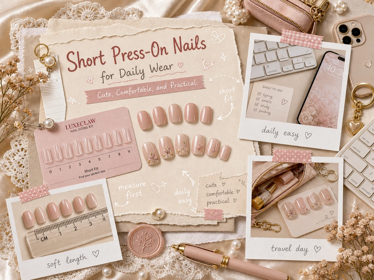 Short press on nails sizing kit and daily wear scrapbook illustration