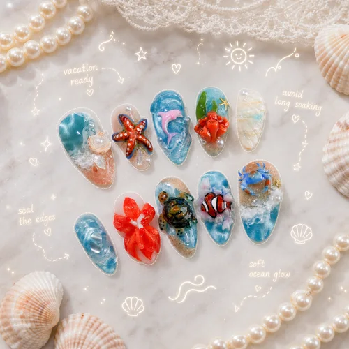 Tropical Ocean press-on nail set with blue ocean charms, pearls, shells, and handwritten care notes